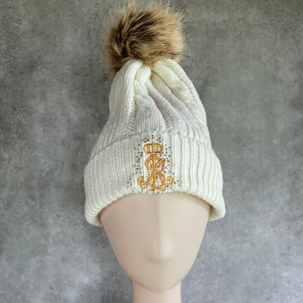 Ralph Lauren black label Cable knit pom pom beanie hat w embroidered logo cream